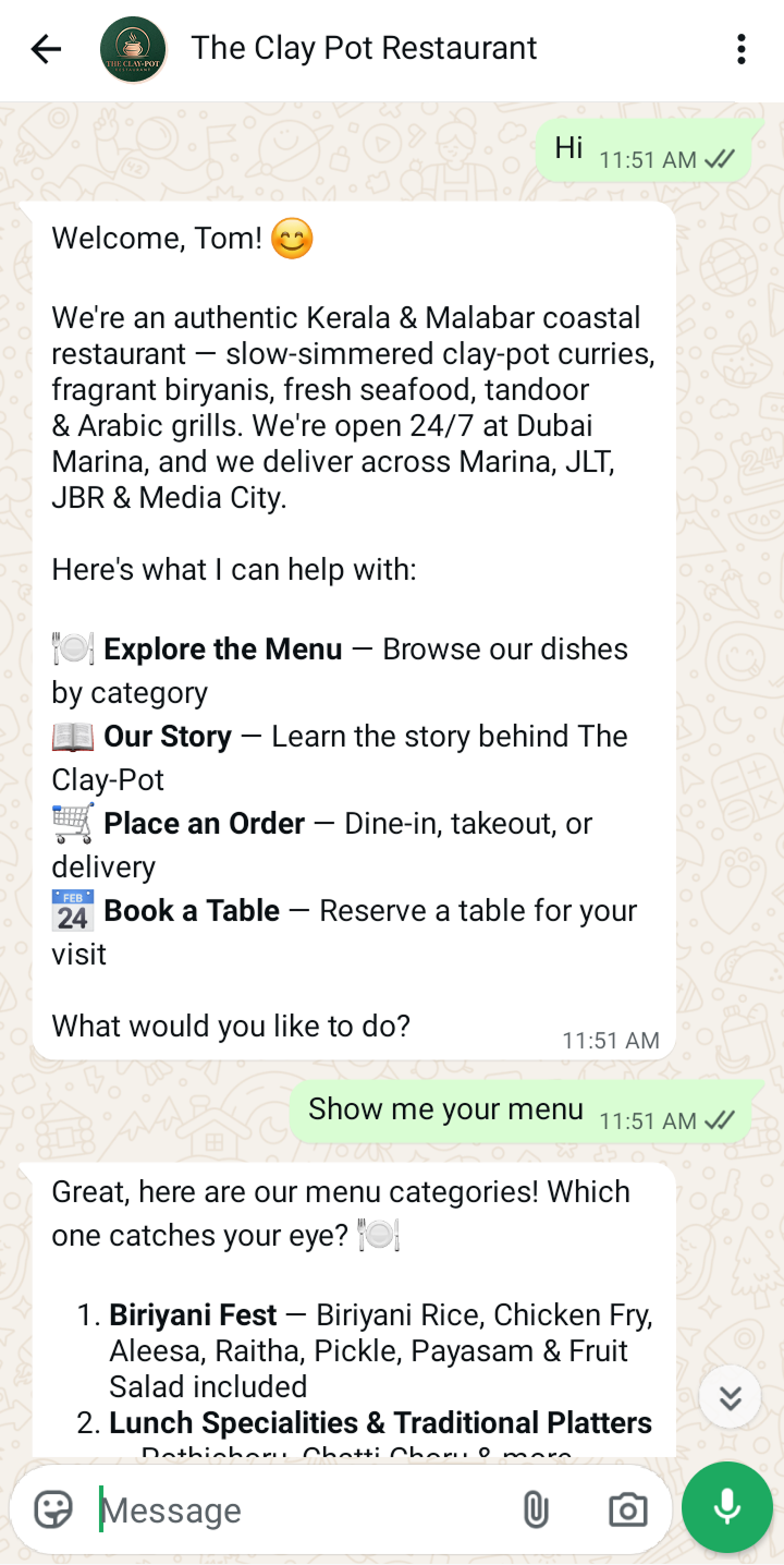 WhatsApp conversation with the AI agent, part 1