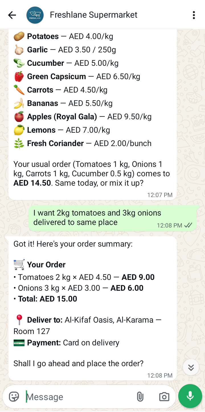 WhatsApp conversation with the AI agent, part 6